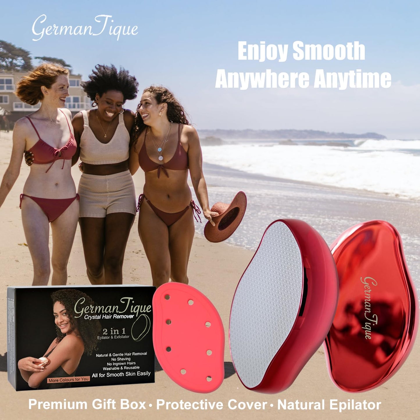Germantique Crystal Hair Eraser,Natural Crystal Hair Remover,Reusable Painless Nano Glass Hair Removal Device Without Shaver,Gentle Crystal Epilator and Exfoliator for Soft Silky Skin(Red)