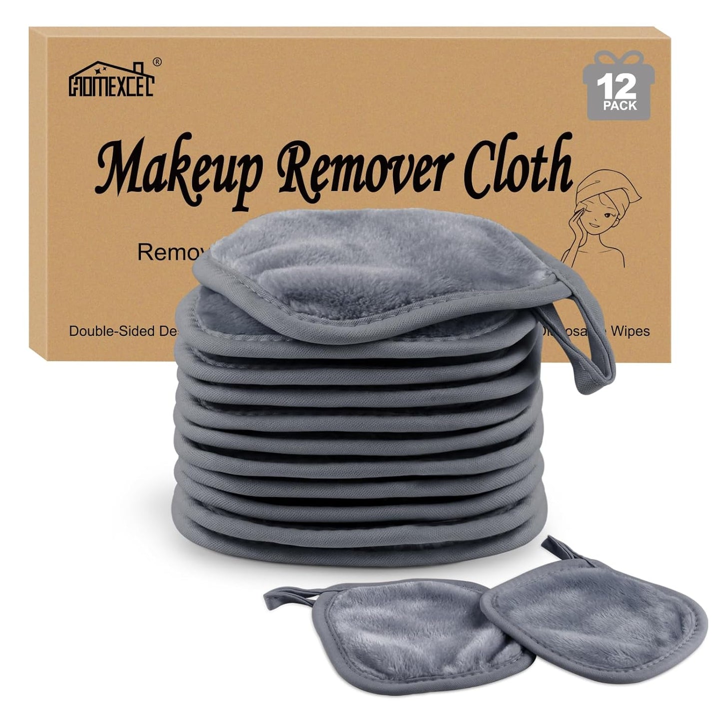 Makeup Remover Cloths - 12 Pack Reusable Ultra Soft Facial Cleansing Pads | 5x5 In, Grey