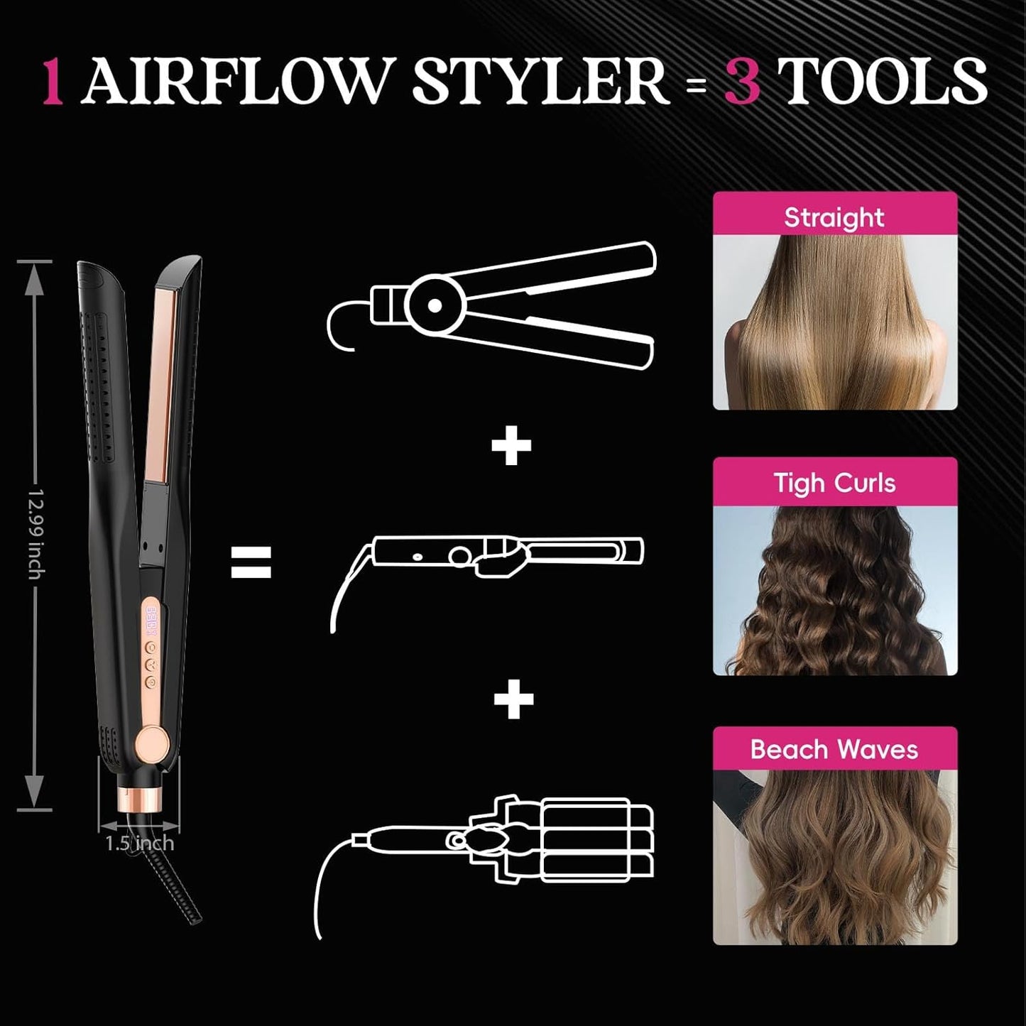 SKIMI Airflow Styler 2.0 - Titanium Flat Iron & Curling Wand with 96 Cool Air Vents | Dual Voltage, Anti-Tangle, 5 Heat Settings (Black & Champagne)