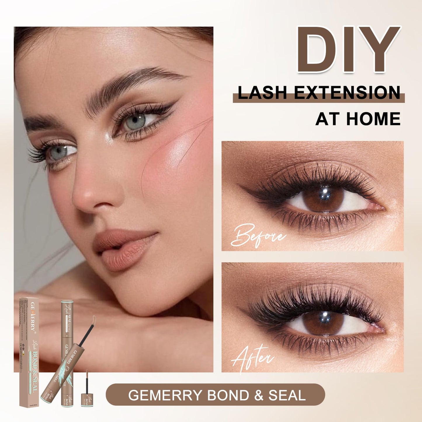 GEMERRY Lash Cluster Glue, Brown Lash Bond and Seal Waterproof Eyelash Glues for Clusters Eyelash Adhesive Long-Lasting 72H(5ml+5ml, Brown)
