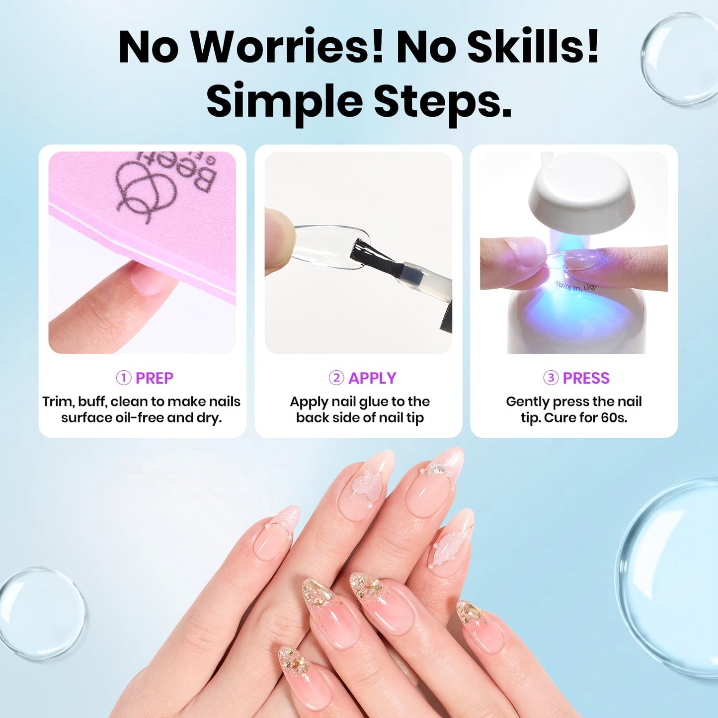 Beetles 9 in 1 Gel Nail Glue for Acrylic Nails Tips, 2Pcs 10ml Super Strong Nail Glue for Clear False Nails Tips, Base Coat Rhinestones Blooming Art, Summer Nails, Long Lasting, Need U V Light Cure