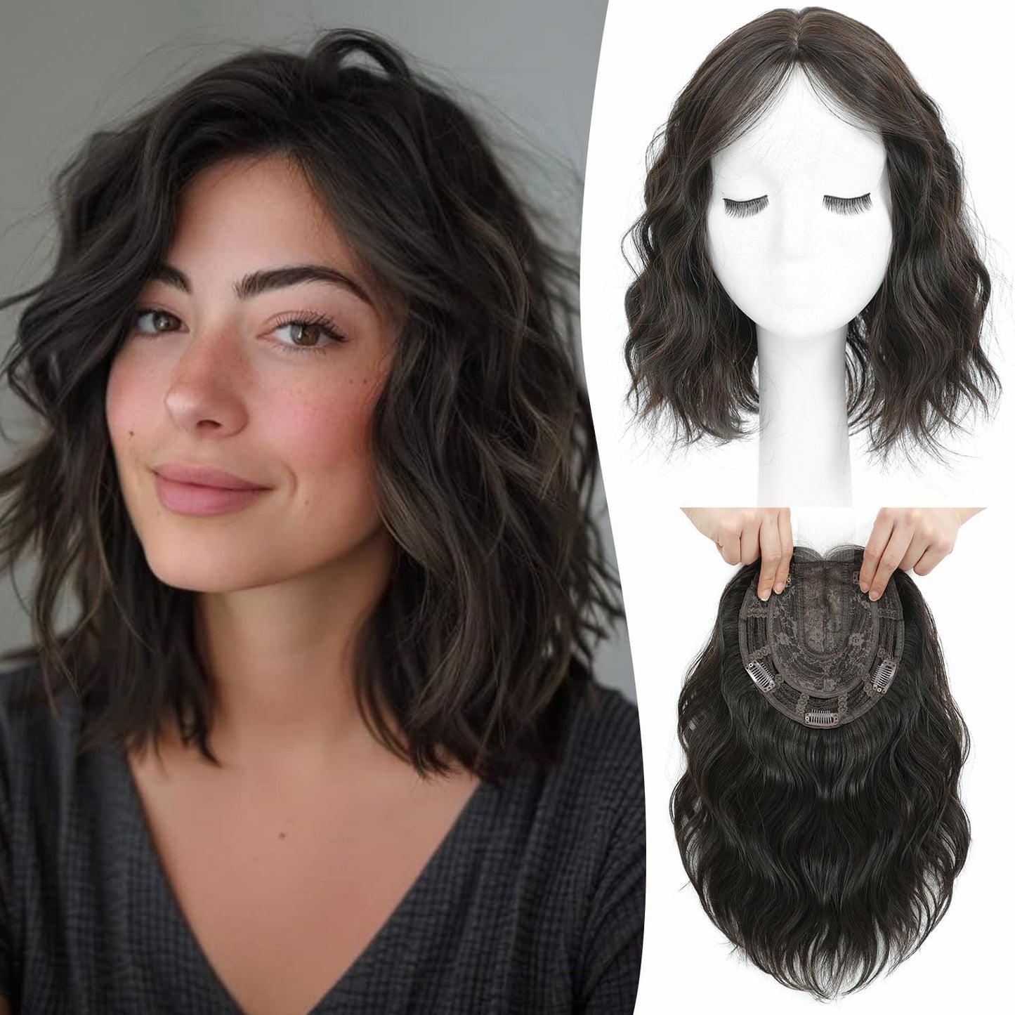 Short Wavy Hair Topper for Women - 11 Inch Natural Synthetic Hairpiece, Lightweight & Breathable | Dark Brown, 6.5"x6.5" Base