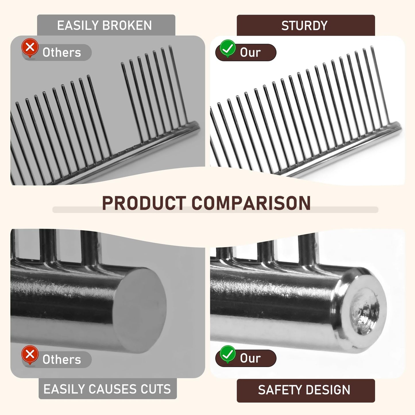 WRW Stainless Steel Dog Combs [4 Pcs], Groom Like a Professional, Coarse Pet Butter Comb for Dog ＆ Cat, Rounded Corners Prevent Friction and Breakage, 4 Sizes of Steel Teeth Fit Most Pet Fur