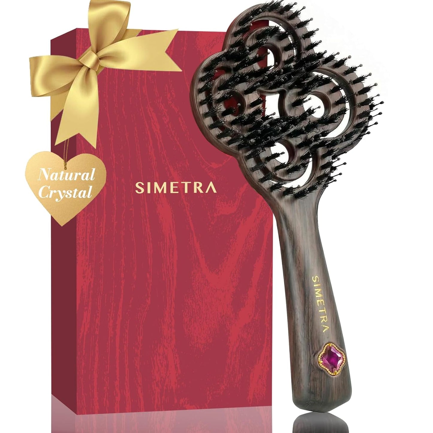 SIMETRA Lucky Hair Brush - 14K Gold Plated Detangling Brush with Natural Crystal Inlay | Boar Bristle for All Hair Types