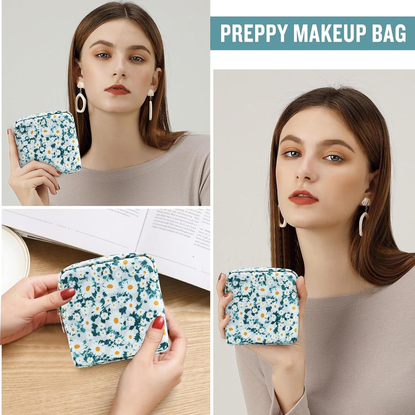 Floral Makeup Bag - Nylon Travel Cosmetic Organizer | Waterproof Zipper Pouch for Women (Green-Daisy)