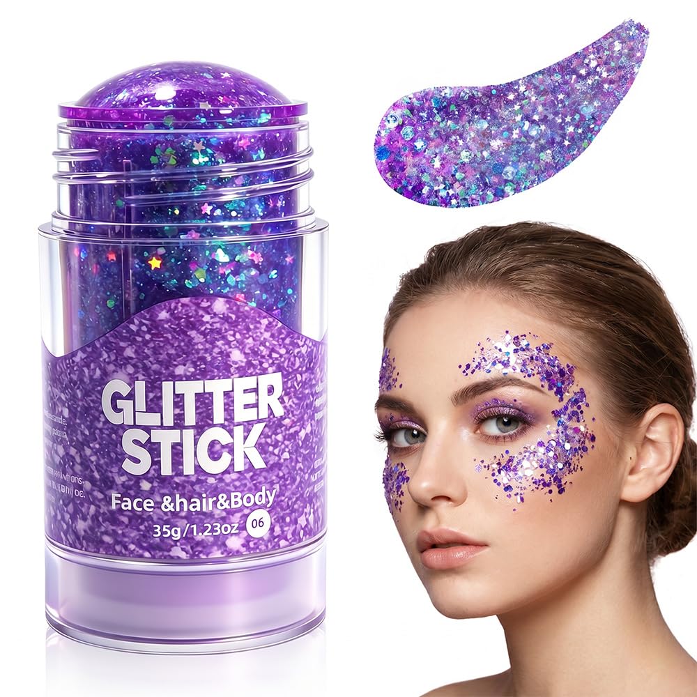 4th of July Glitter Stick, 2026 New Red White Blue Body Hair Sparkle for Independence Day, Upgrade Sparkle Patriotic Pride Chunky Glitter 4th of July Accessories (Purple)