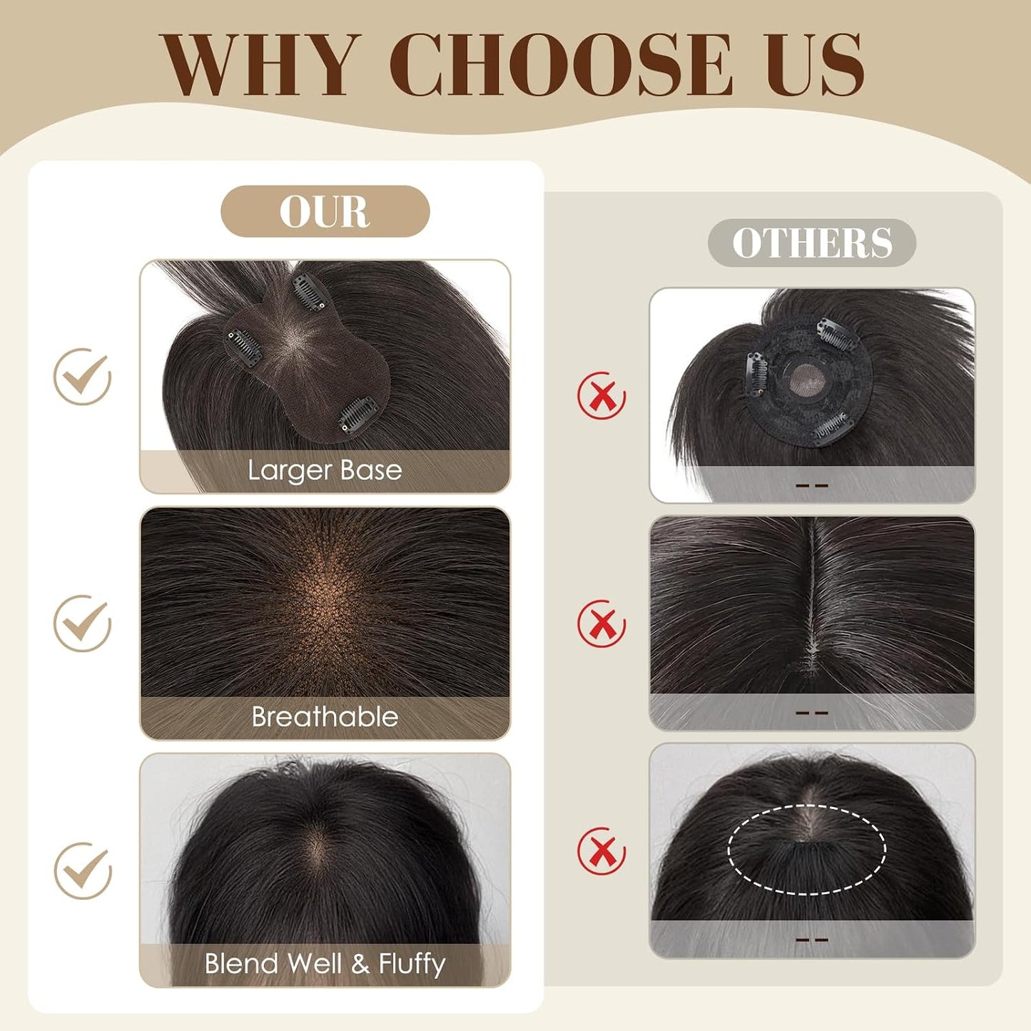 Dark Brown Human Hair Toppers for Women - 360° 3D Clip-In Short Hairpieces | 12 Inch
