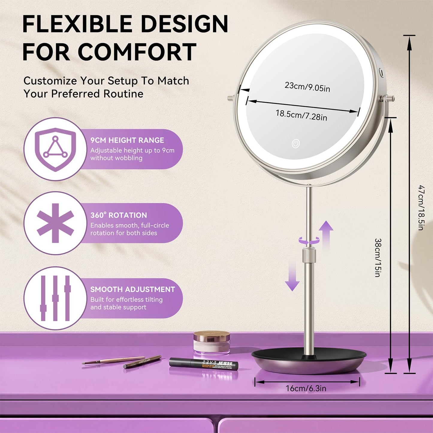 Auxmir 9" Large Lighted Makeup Mirror with Magnification, 1X/30X Double Sided Magnifying Mirror with Adjustable Height, Rechargeable Vanity Mirror with 3 Color Dimmable Lights, 360° Rotation