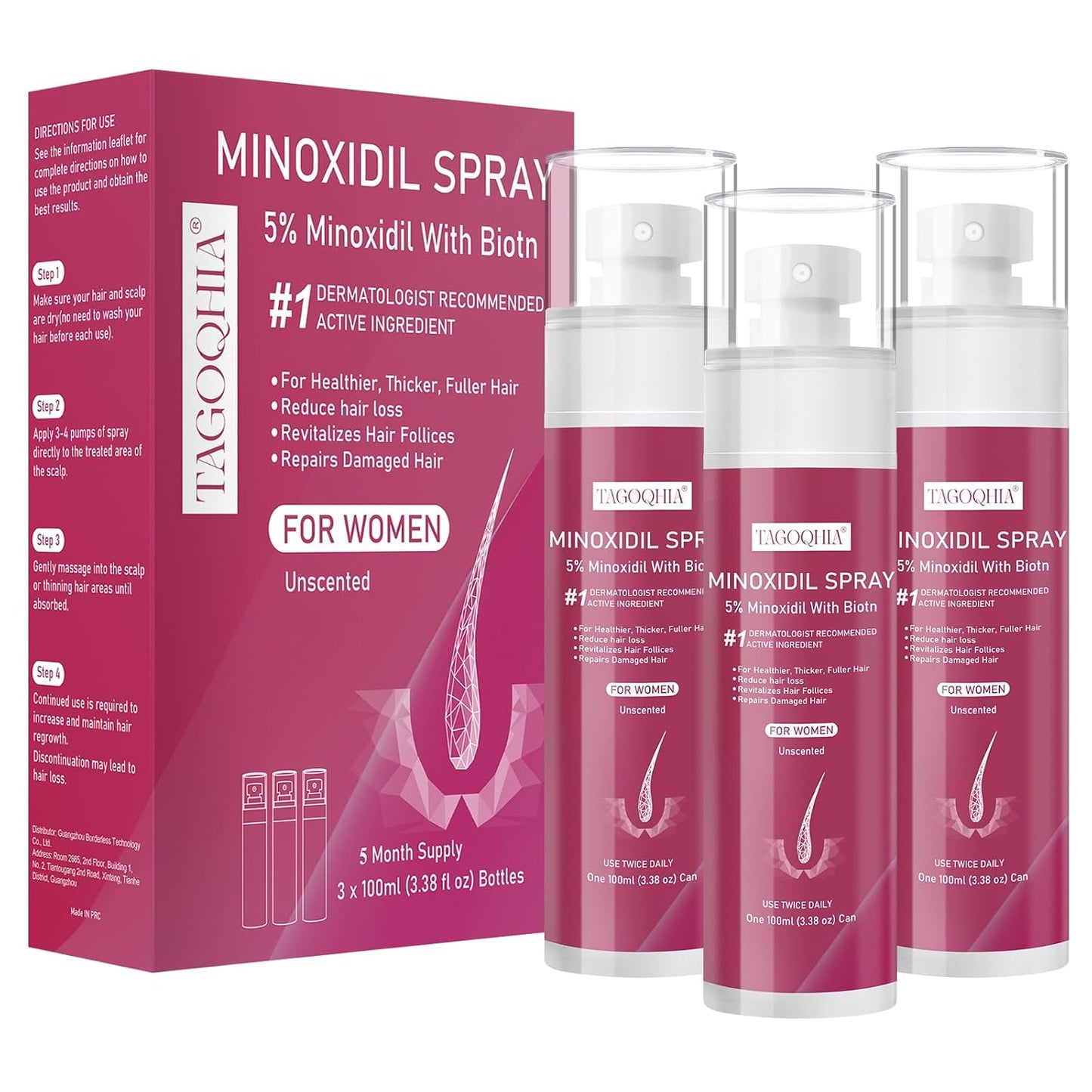 Minoxidil Hair Regrowth Spray for Women - Extra Strength Biotin-Infused Treatment | 3 Bottles