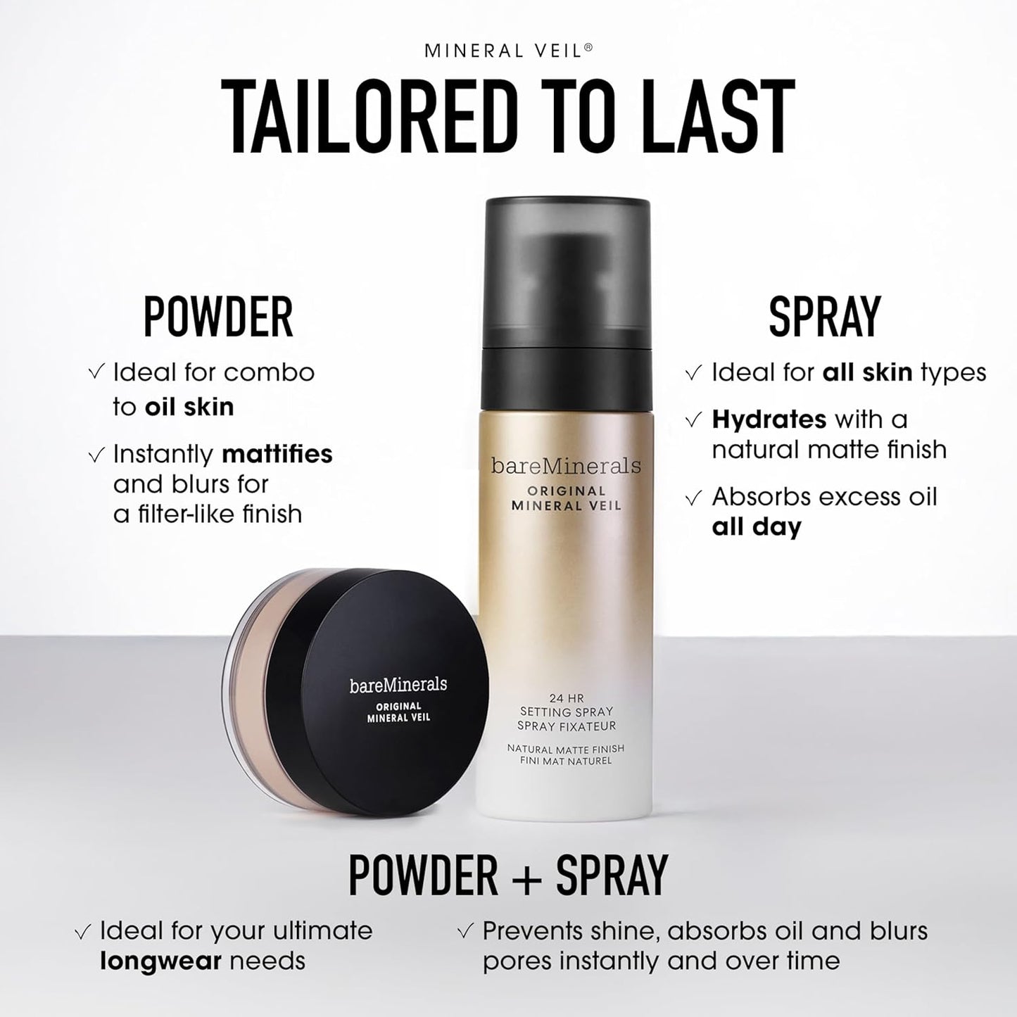 bareMinerals Original Mineral Veil Setting Spray - 24HR Makeup Lock & Oil Control, Alcohol-Free, Ultra-Fine Mist
