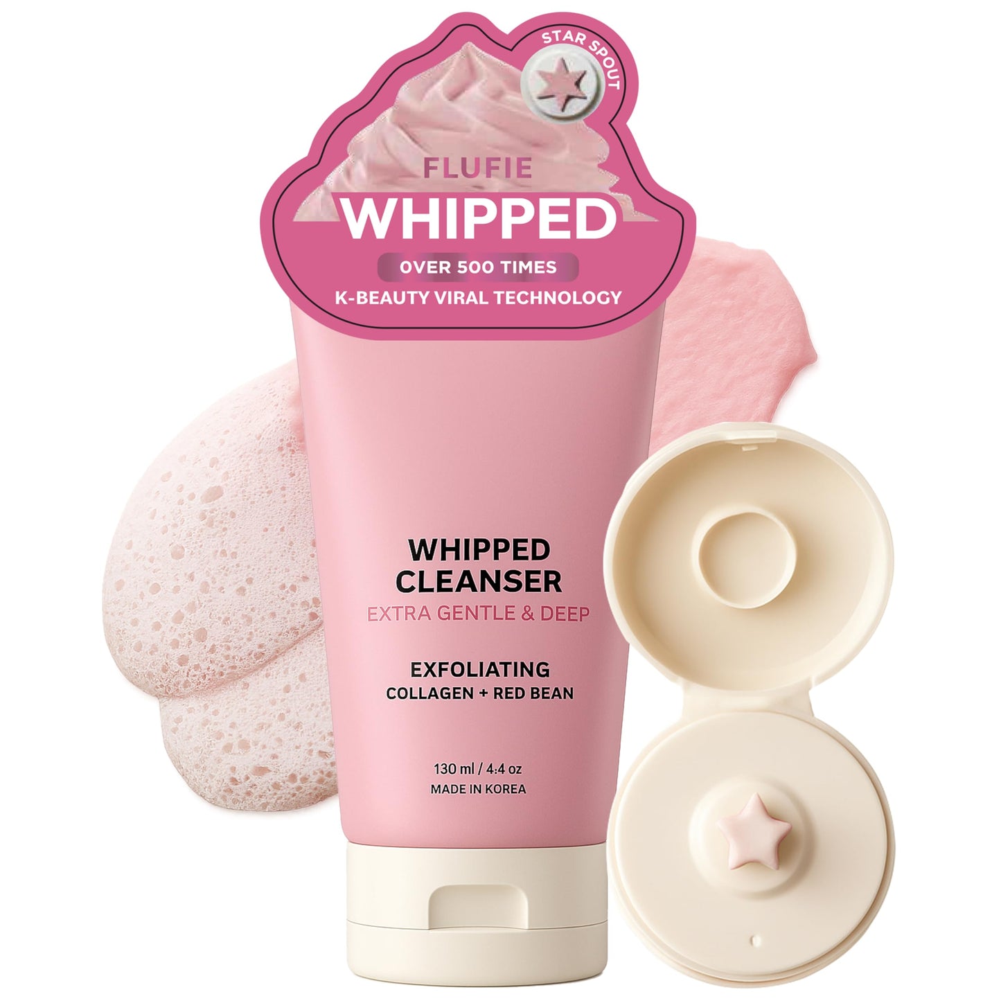 Flufie Whipped Facial Cleanser with Collagen & Red Bean – Gentle Exfoliating, Hydrating & Brightening for Smooth Skin – Dermatologist Tested, Anti-Aging, Korean Skin Care – Clean Beauty – 4.4 Oz
