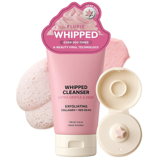 Flufie Whipped Facial Cleanser with Collagen & Red Bean – Gentle Exfoliating, Hydrating & Brightening for Smooth Skin – Dermatologist Tested, Anti-Aging, Korean Skin Care – Clean Beauty – 4.4 Oz