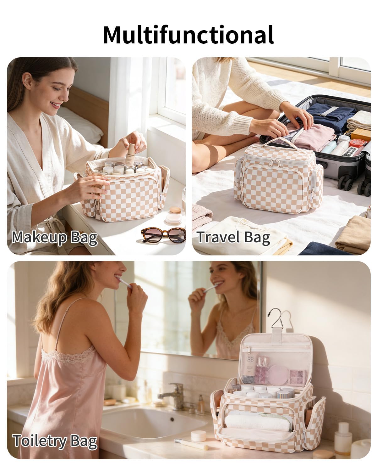 Narwey Hanging Travel Toiletry Bag for Women, Large Makeup Bag, Wide Open Cosmetic Bag, Multiple Organized Pocket, Wet Pocket for Towel, Portable Bathroom Travel Bag for Toiletries, Essentials