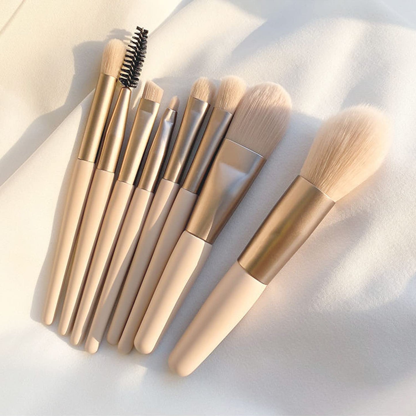 Mini Makeup Brush Set - 8 Pieces for Foundation, Blush, and Eye Shadow | Compact Travel Brushes in Apricot