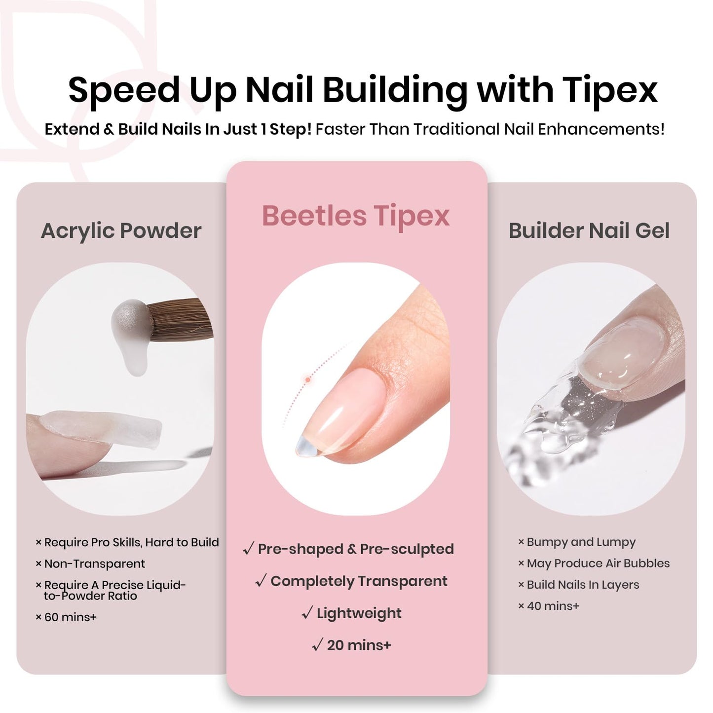 Beetles Tipex Instant Apex Nail Tips, Short Almond, 16 Sizes 00–14, 512pcs, No Builder Gel Required, Thicker Strong Acrylic Tips for DIY Salon-look Extensions