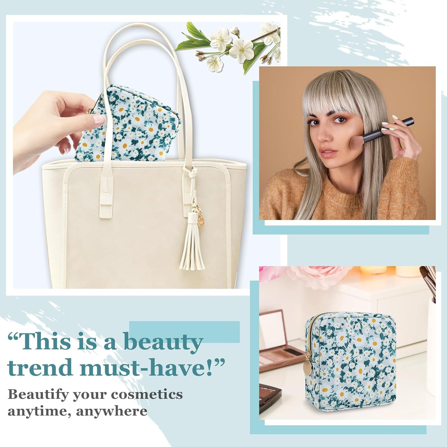 Floral Makeup Bag - Nylon Travel Cosmetic Organizer | Waterproof Zipper Pouch for Women (Green-Daisy)