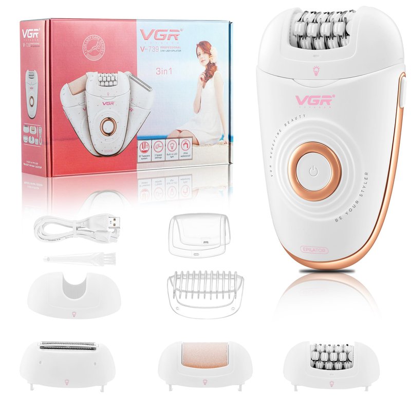 VGR 739 Epilator for Women 3 in 1 Cordless Hair Removal Device USB Rechargeable Electric Epilator with LED Light 2 Speeds Waterproof Shaver and Epilator for Legs Arms Underarms Bikini