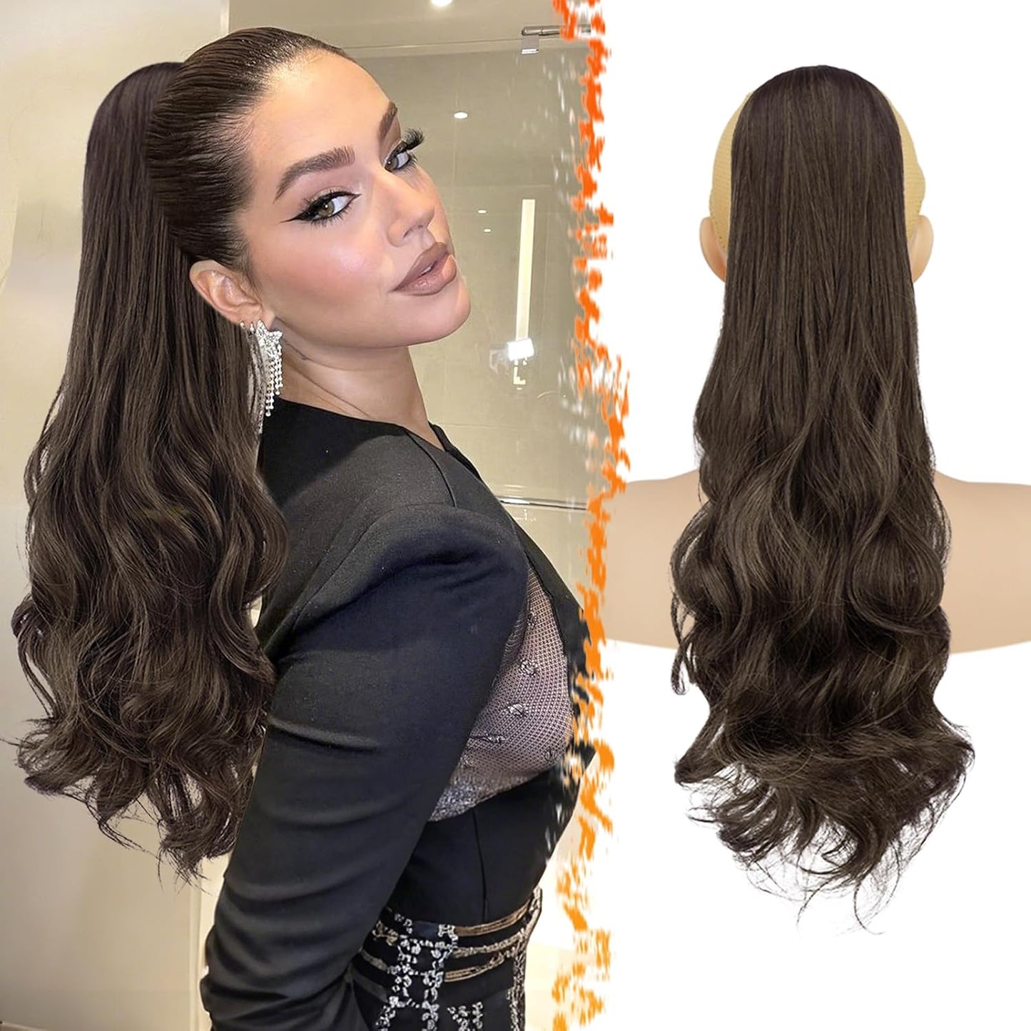 Black Wavy Drawstring Ponytail Extensions - 20 Inch Curly Clip-In Hairpiece for Women, Natural Look