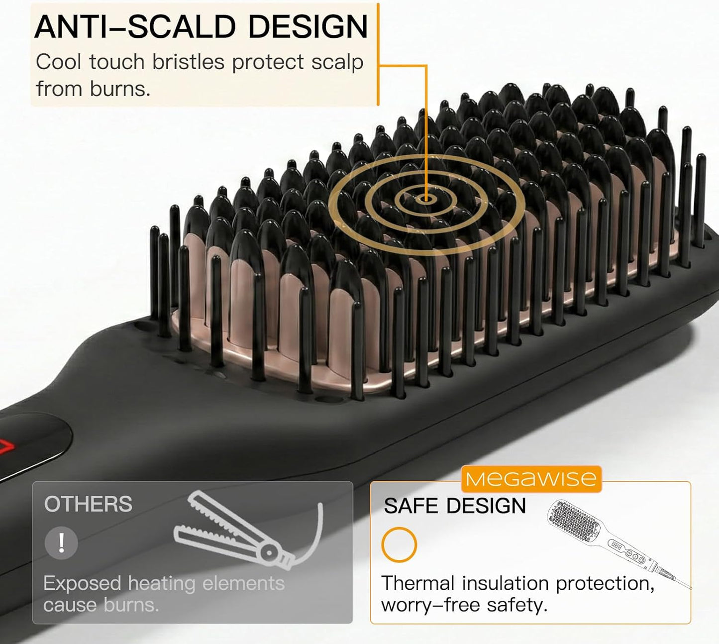 MEGAWISE Pro Ceramic Ionic Hair Straightener Brush - Fast 20s Heat, Auto-Off, Anti-Scald, Dual Voltage | Black