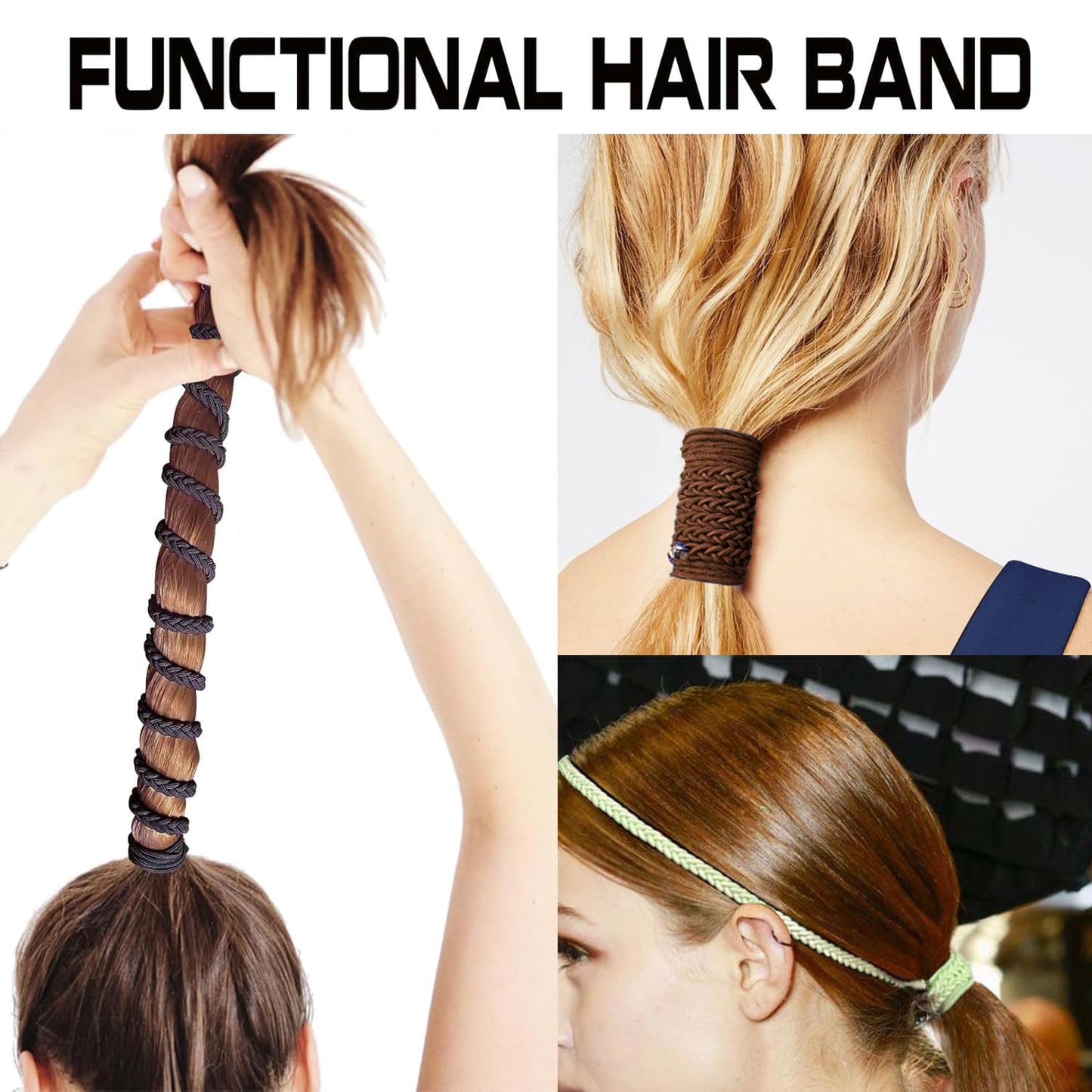 Spiral Hair Tie Sprots Ponytail Holders, 3 Packs 16" Elastic Braided Hair Ties No Damage, Pony Tail Wrap for Long Hair for Gym, Swimming, Diving Black Blonde Brown