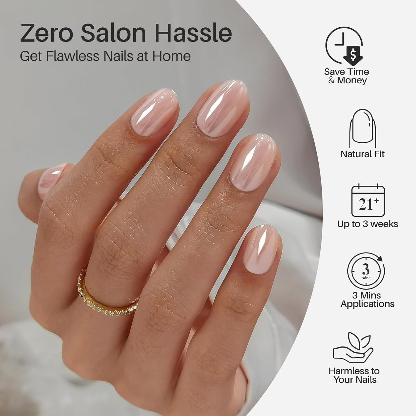 Chrome Press On Nails - Oval Soft Gel Nude Short for Women | 32 Reusable Glossy Glue-On Nails in 16 Sizes