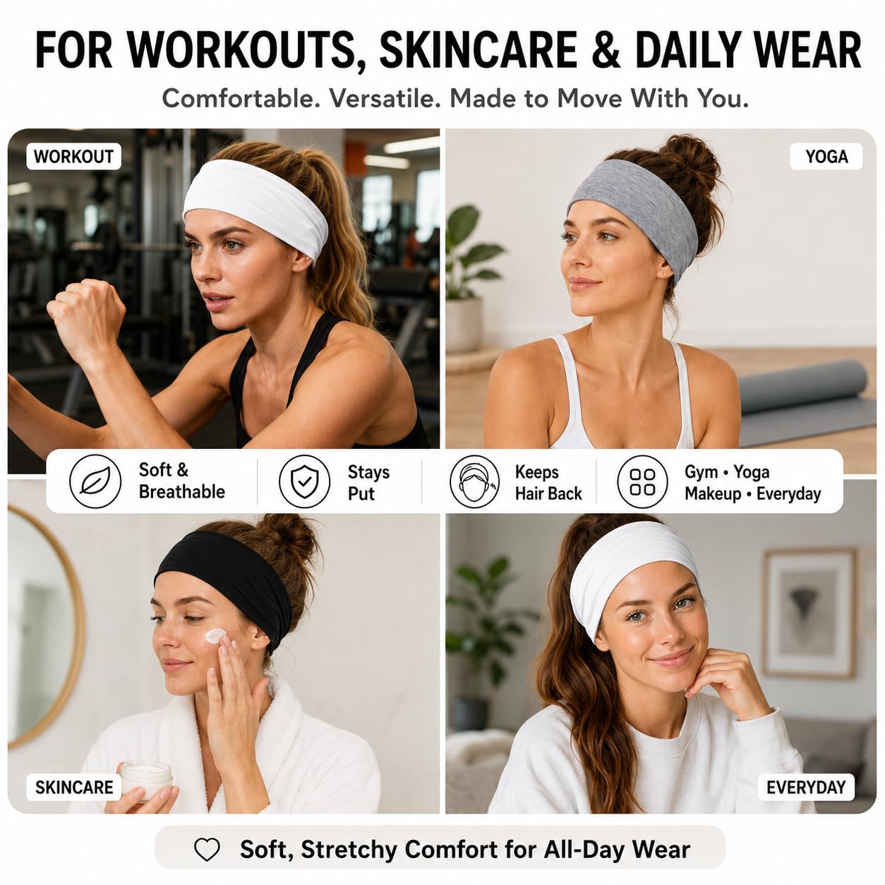 Extra Wide Headbands for Women 3 Pack, Soft Stretch Workout Headbands, Absorbent Quick Dry Hair Bands for Yoga, Running, Gym, Skincare & Daily Wear, Comfortable Wide Hair Wraps for Women