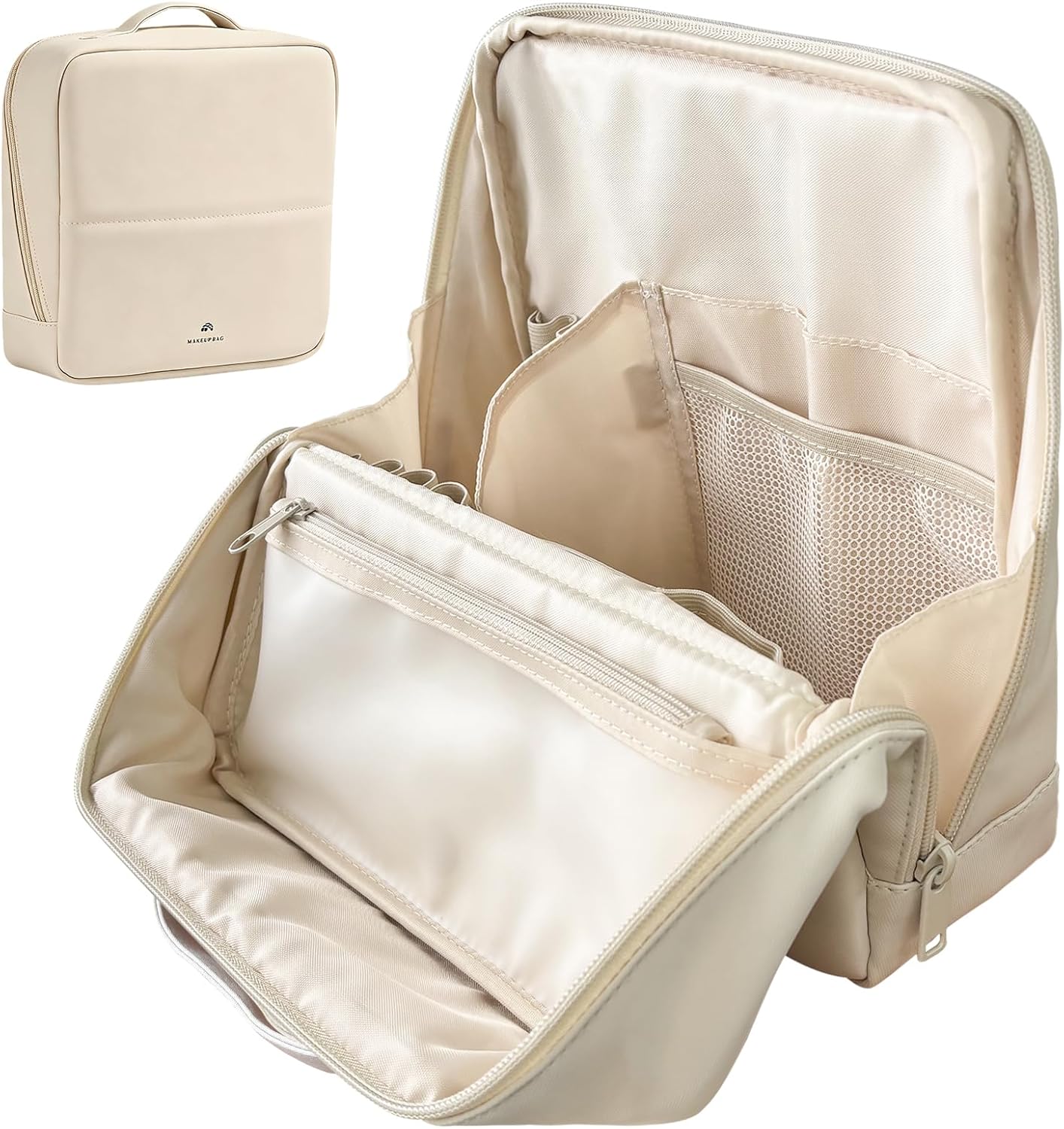 Large Waterproof Makeup Bag for Women - Foldable Cosmetic Organizer with Compartments & Detachable Dividers | Cream White