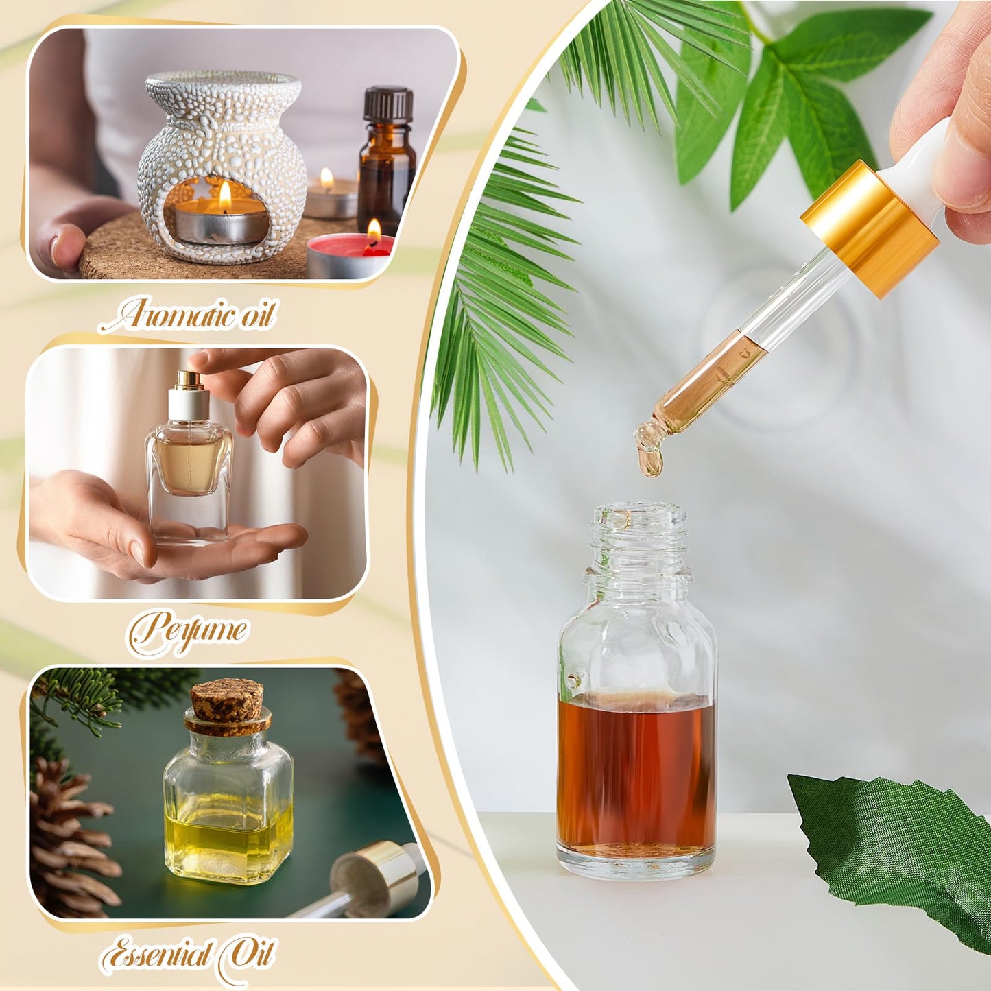 Didaey 100 Pcs 1/2/3/5/10/15 ml Mini Glass Oil Dropper Bottle Bulk, Clear Essential Small Empty Bottles Sample Containers Perfume Liquid Vials with Cap for Traveling (15 ml,Champagne Gold)