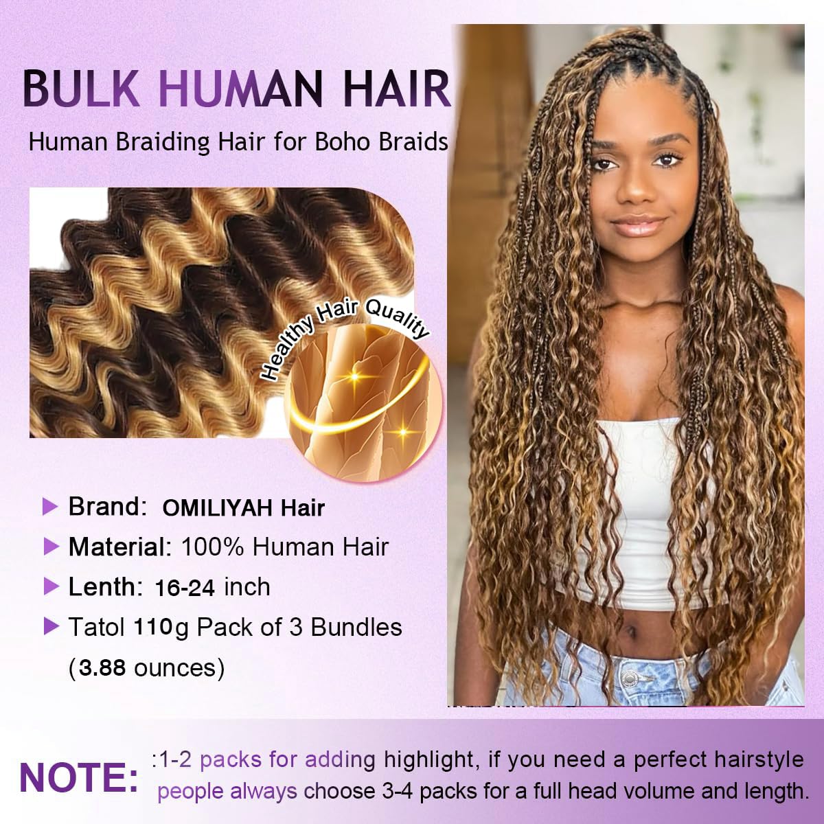 Human Braiding Hair for Boho Braids 18 Inch 110g Deep Wave Bulk Human Hair for Braiding Knotless 12A Curly Wet and Wavy Boho Bohemian Braids No Weft 3 Bundles 4/27 Color (18 Inch-110g)