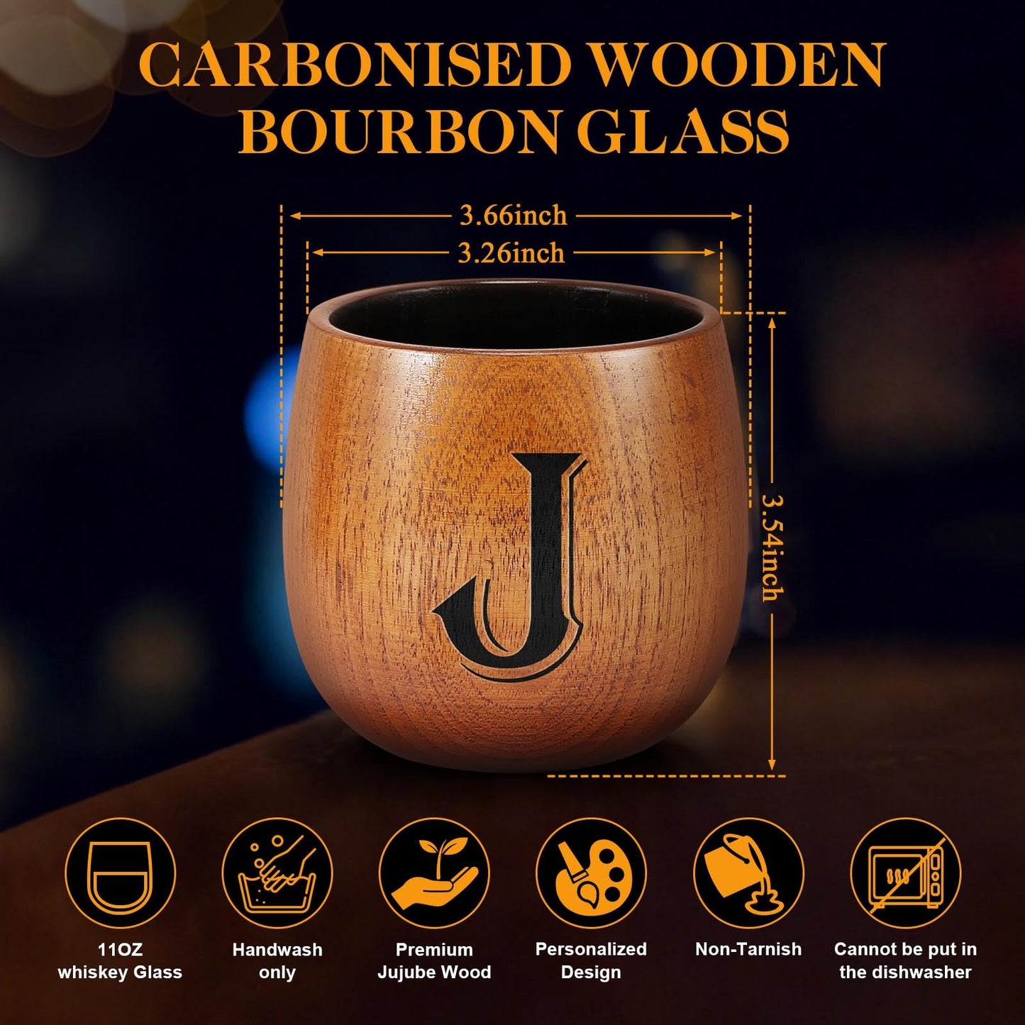 Fathers Day Birthday Gifts for Husband Dad Grandpa, Personalized Gifts for Men, Initial Charred Wooden Bourbon Drinking Glass & Whiskey Glasses Gift, Birthday Gift for Men Dad Husband Brother Him (J)