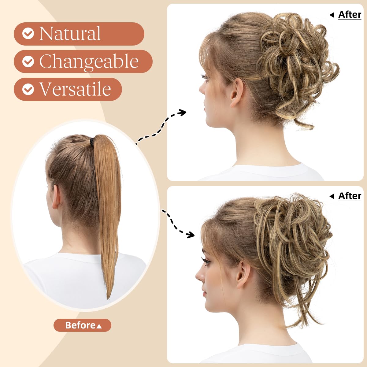 SARLA 2PCS Messy Bun Hair Pieces for Women Wavy Curly Synthetic Hairpieces for Updos with Tendrils Fake Scrunchies Ponytail Extension Grey Multi