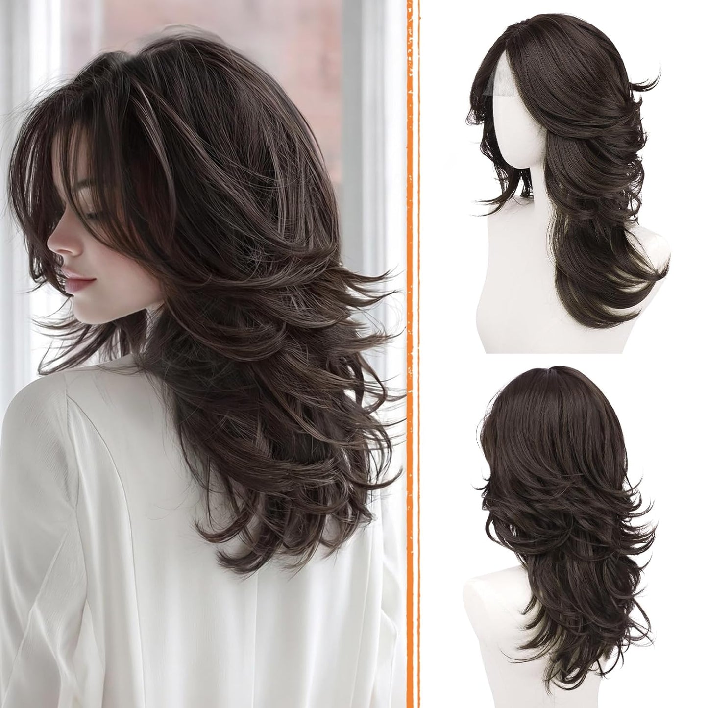 Brown Layered Wig with Curtain Bangs - Long Wavy Synthetic Hair, 20 Inch | Natural Looking Middle Part for Women