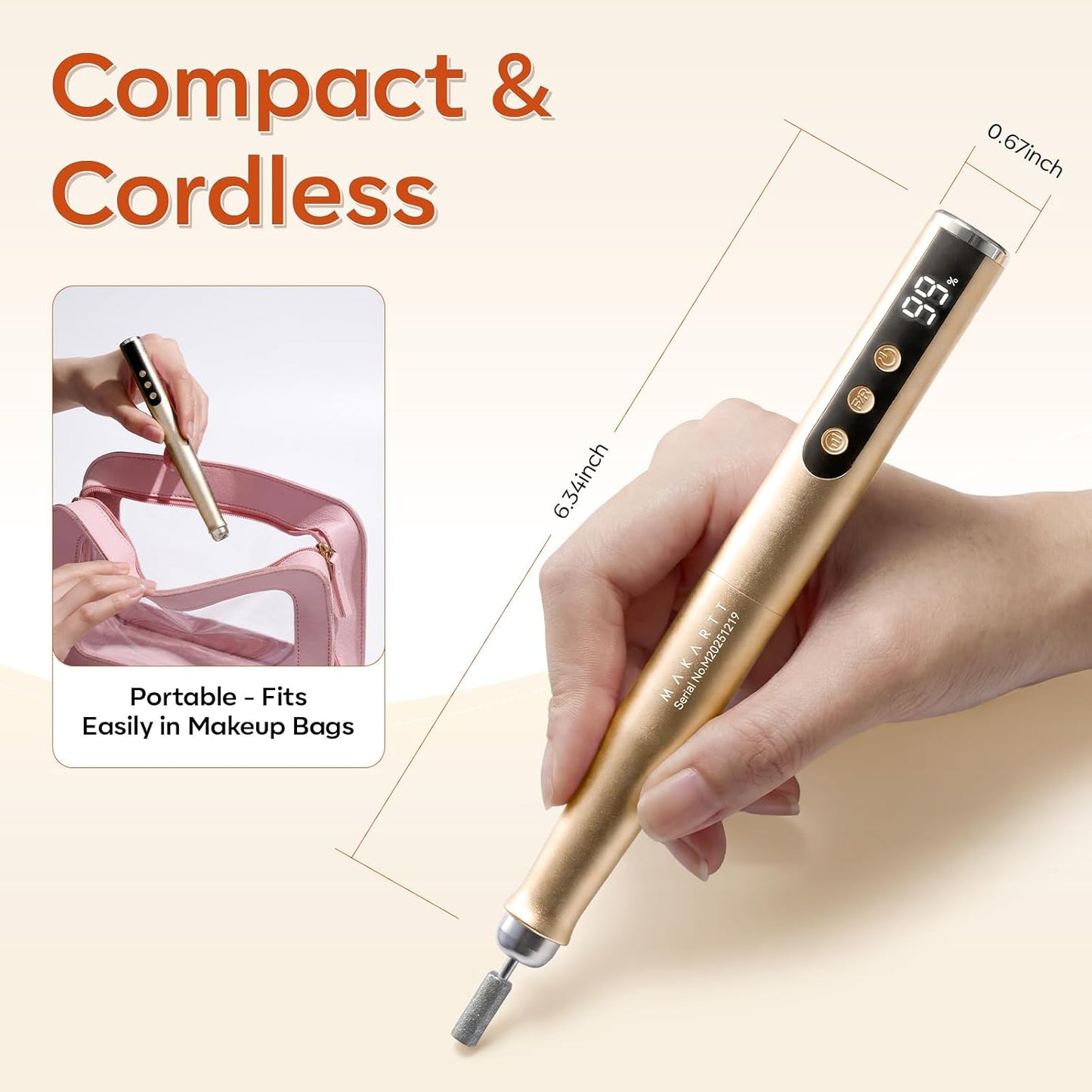 Rechargeable Nail Drill - 25,000 RPM Cordless Electric File with 5-Speed LED Display | Lightweight & Quiet E-File Kit for Gel Polish Removal (Gold)