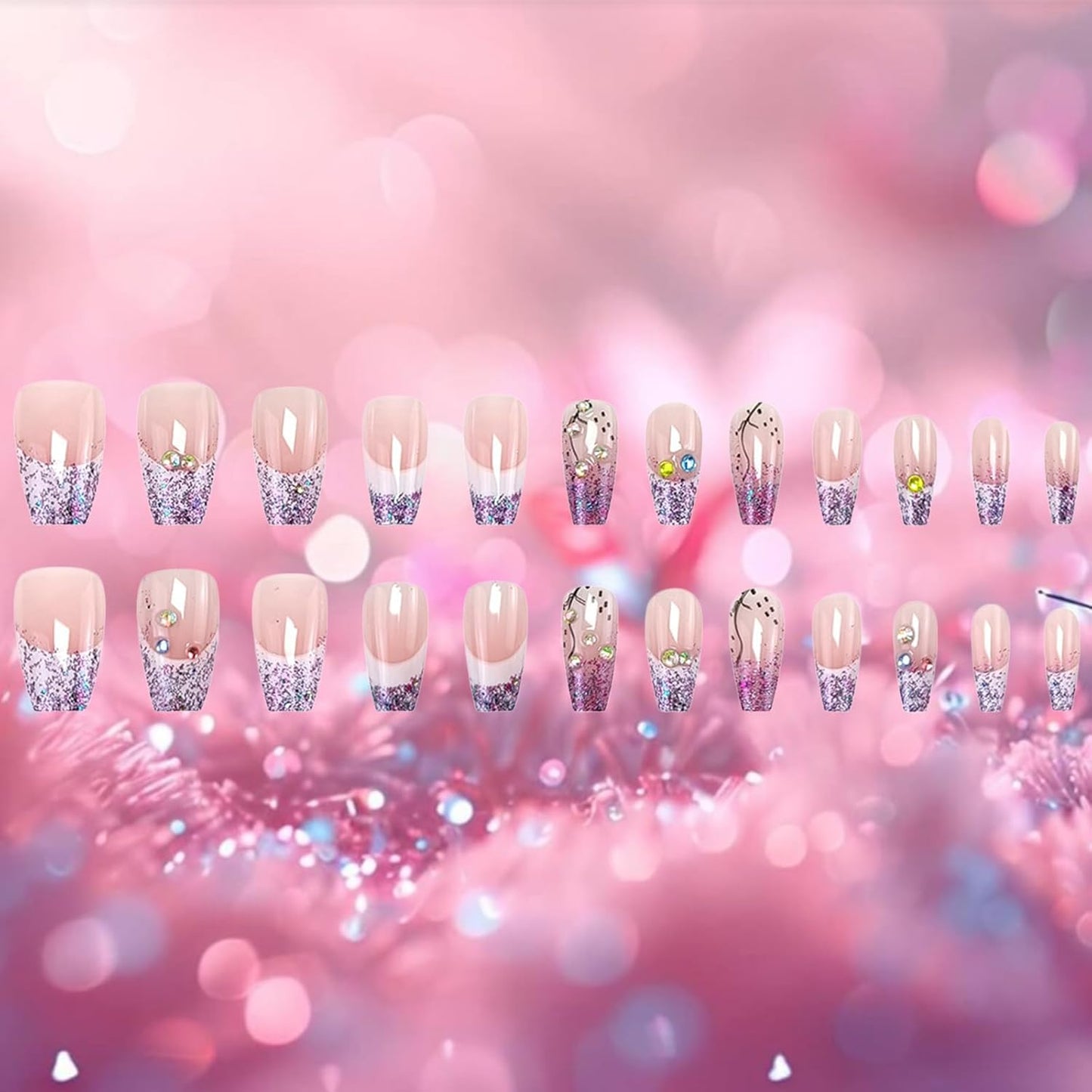Glossy Purple Glitter French Tip Press-On Nails - Medium Coffin Shape with Rhinestones | 24 Pcs Full Cover Acrylic Set