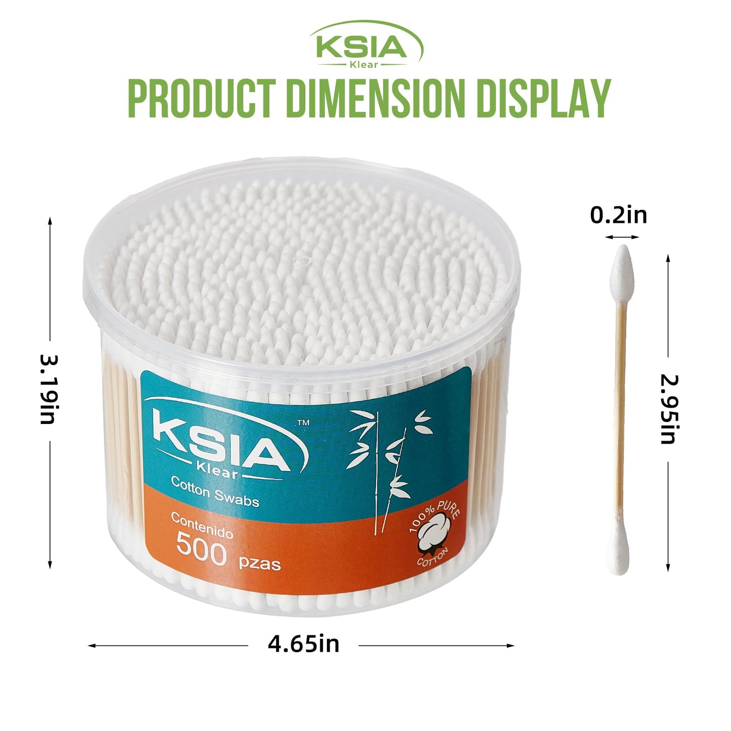 KSIA Klear Cotton Swabs 500 Count, Double Tipped Cotton Buds with Pointed & Round Tips, Strong Wooden Sticks Cotton Swabs For Ears, Makeup, Personal Care and Cleaning, 1 Box Pack