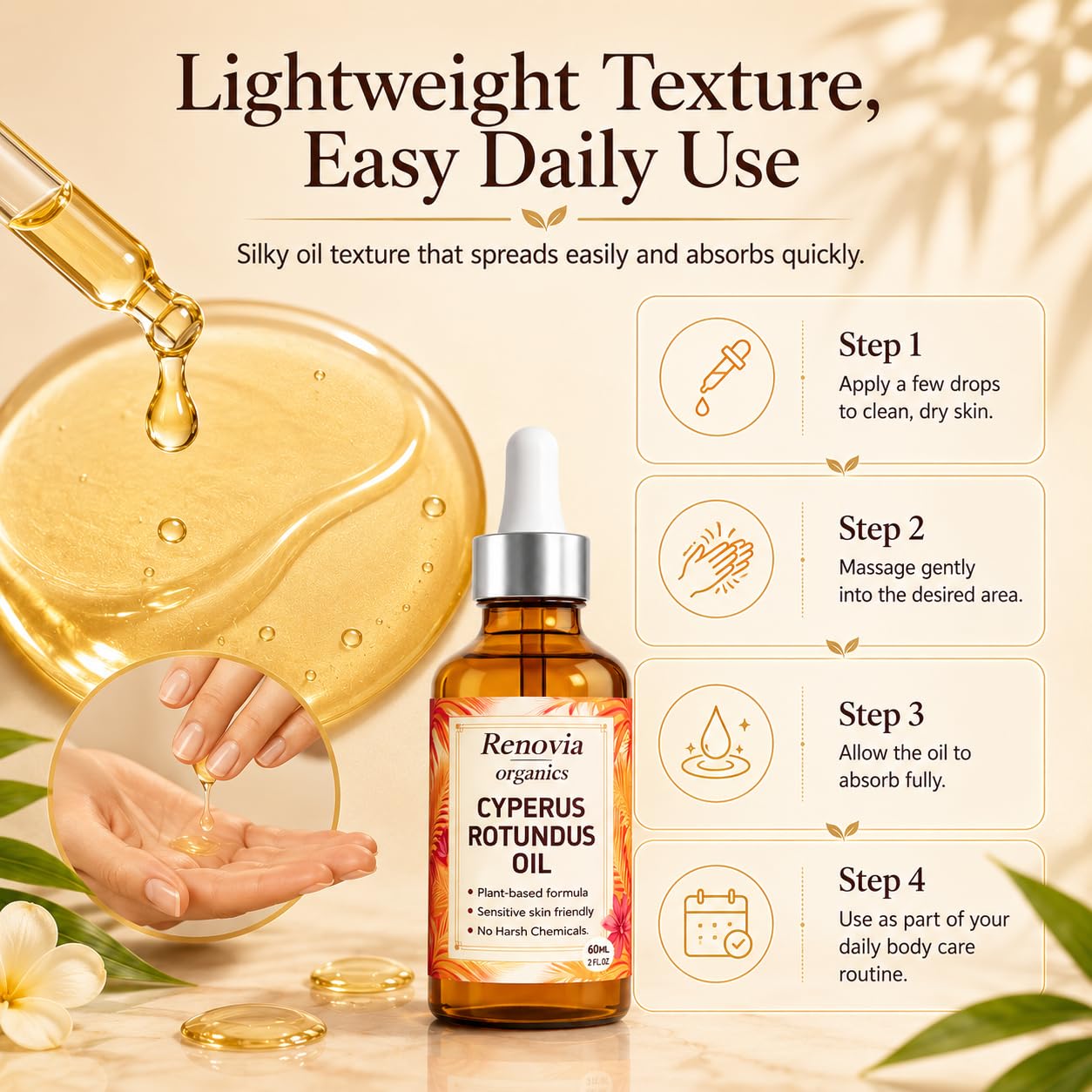 Renovia Organics Cyperus Rotundus Oil, Renovia Organics Hair Removal, with Peppermint Extract, Natural Ingredients for Nourishment & Soothing, 60 Ml (2 Fl. Oz.)