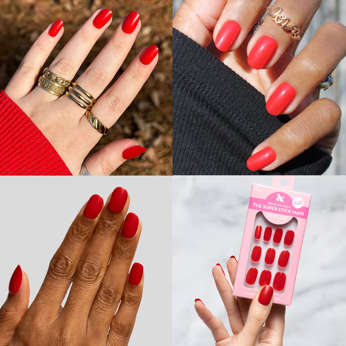 Olive & June Classic Super Stick Mani Summer Press On Nails | No Glue Needed | 32 Tab Nails 16 Sizes | Non-Toxic Tabs Easy On-Off Non-Damaging | 7-Day Wear | Short, Round | Lollipop Cherry Red