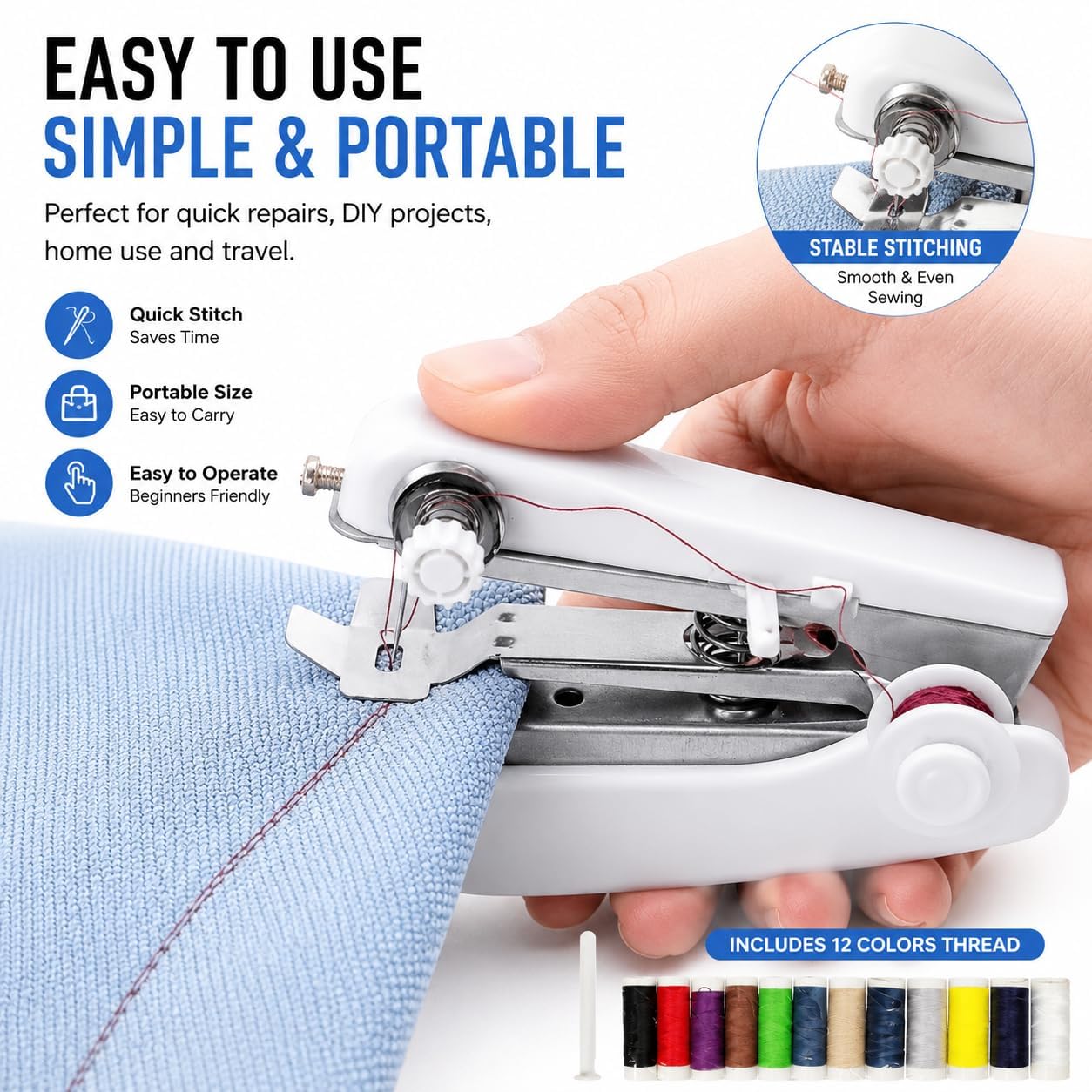 Handheld Sewing Machine, Mini Portable Hand Held Sewing Machine for Quick Repairs, DIY Crafts and Home Sewing, Easy to Use for Beginners and Adults, Includes 12 Color Thread Spools