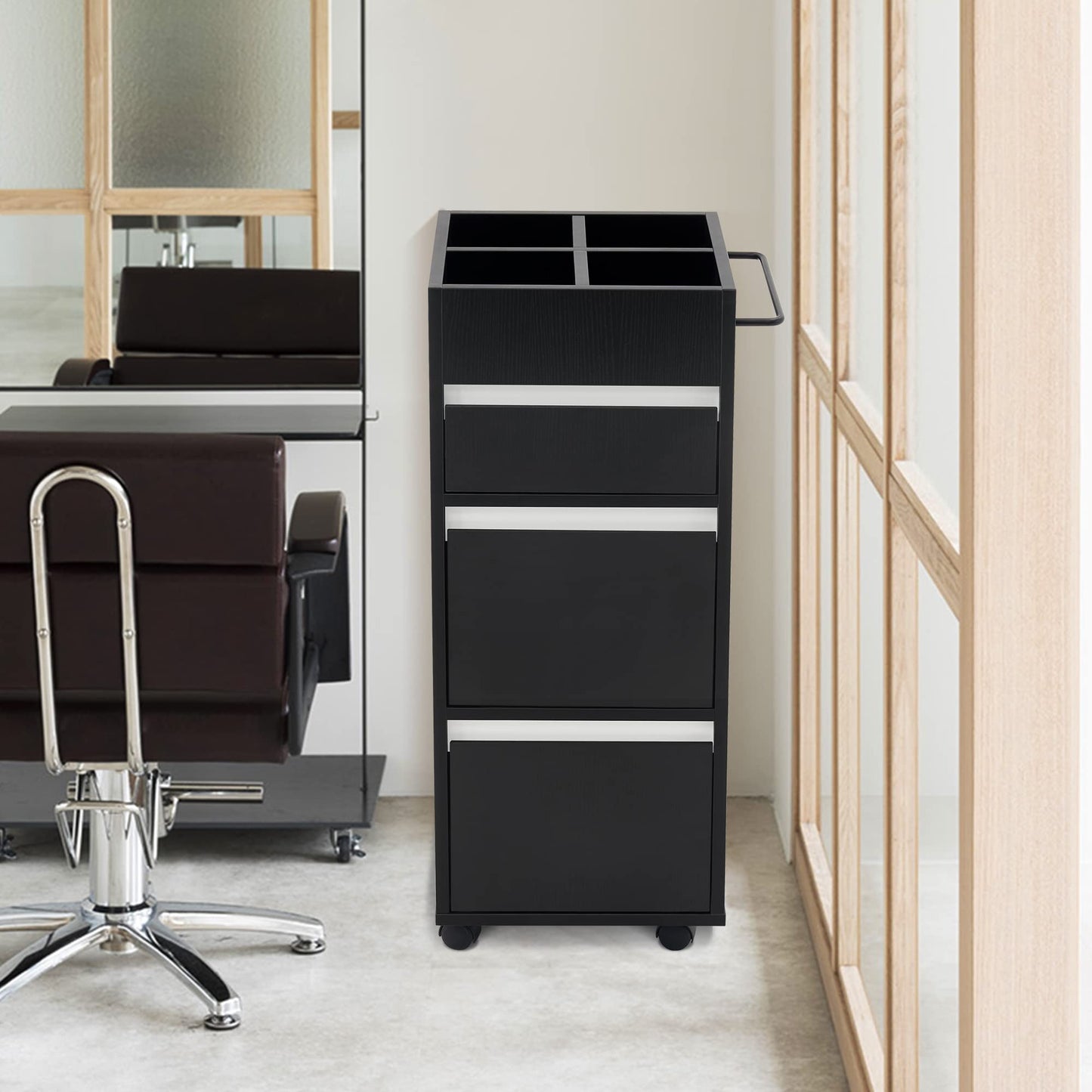 BarberPub Salon Trolley with Drawers Barber Cart Storage Cabinet Beauty Organizer Spa Equipment 2039 (Black)