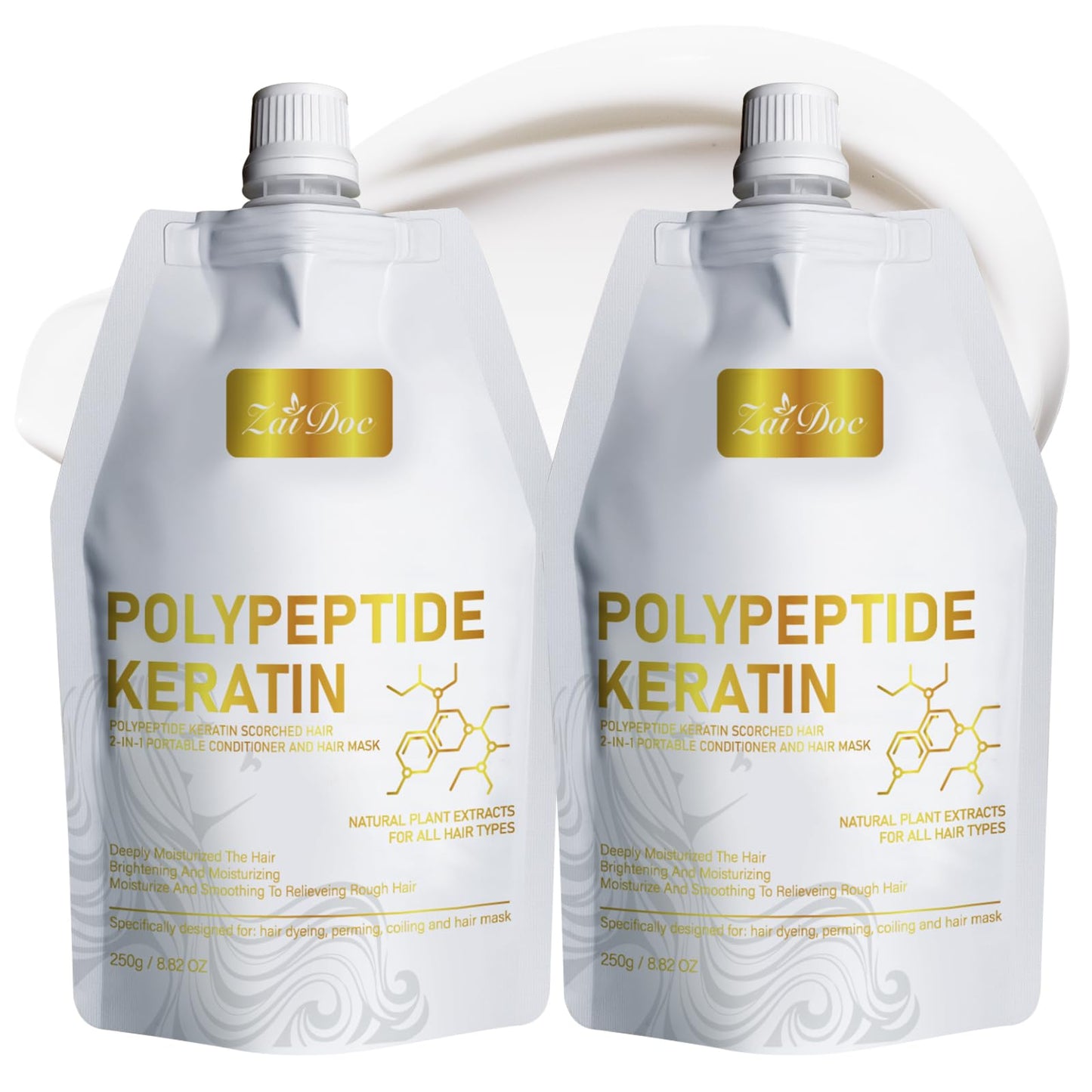 ZAIDOC Keratin Hair Mask, 2 Pcs Peptide Deep Conditioner Treatment for Damaged, Dry, Color Treated Hair, Intensive Repair with Jojoba&Rosemary Oil, 8.82oz
