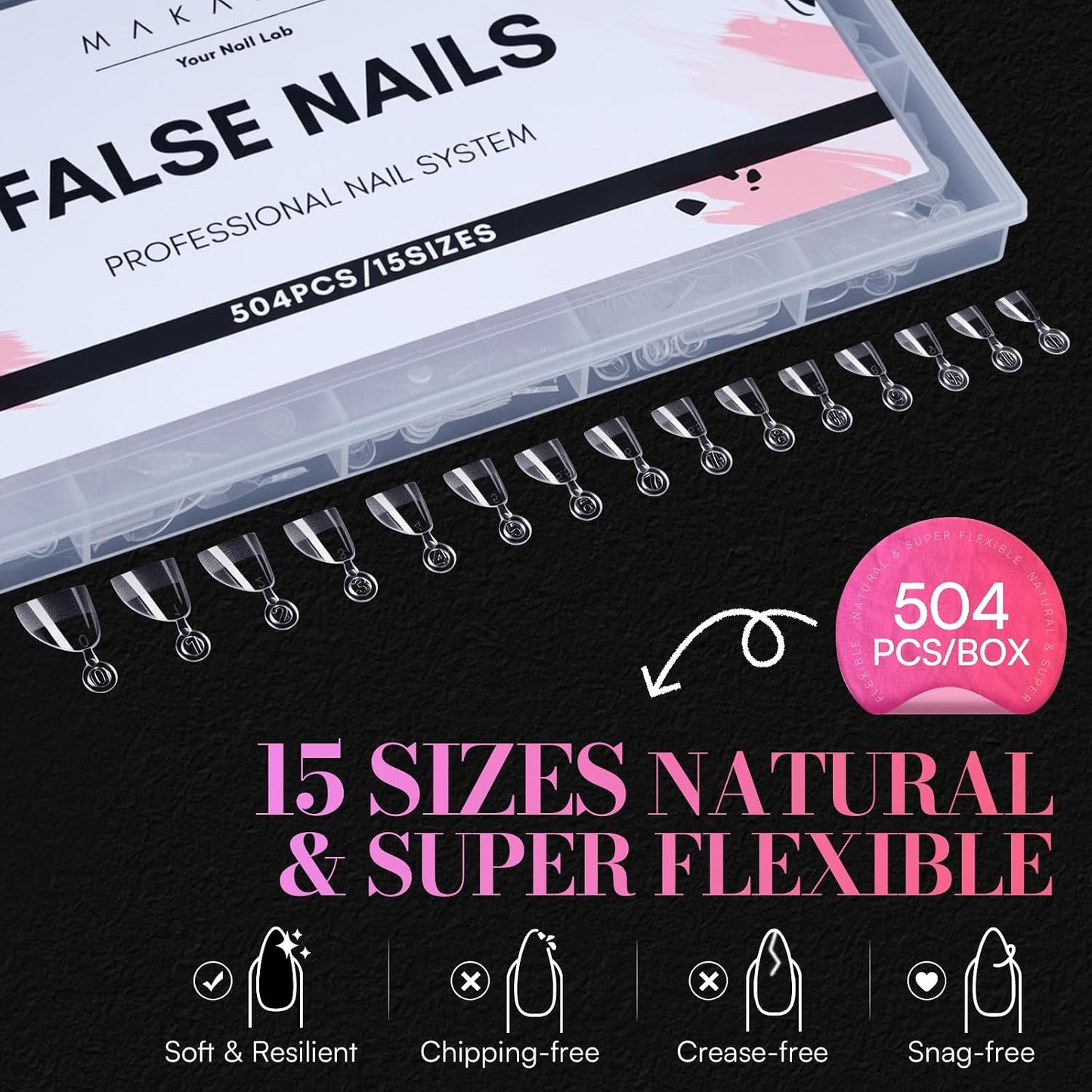 Short Almond Nail Tips - 504 PCS Half Cover Pre-shaped Acrylic | Easy DIY Manicure Supplies in 15 Sizes