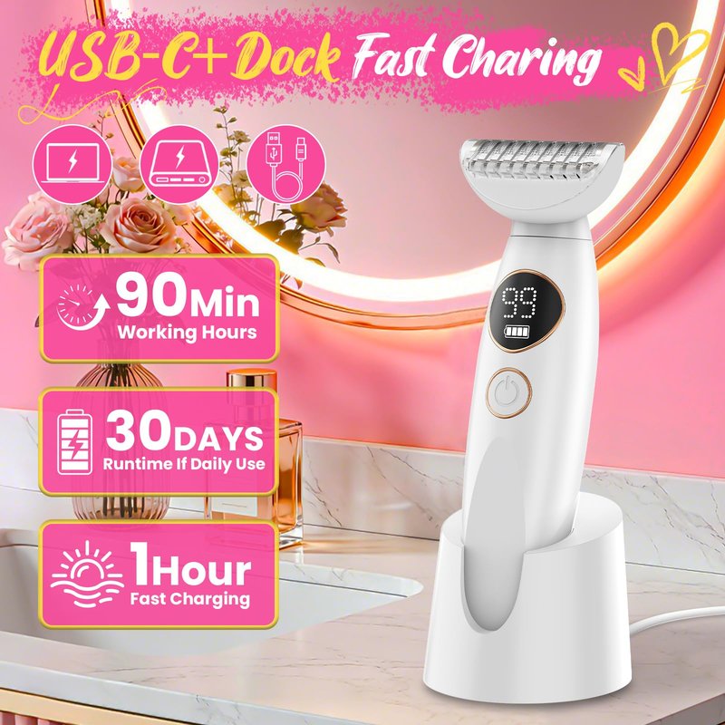 5-in-1 Bikini Trimmer for Women, Lady Electric Razor Shaver Replaceable- Waterproof Facial & Pubic Hair Trimmer with USB Charge Dock, Travel Cordless Body Shaver for Face/Legs/Underarm