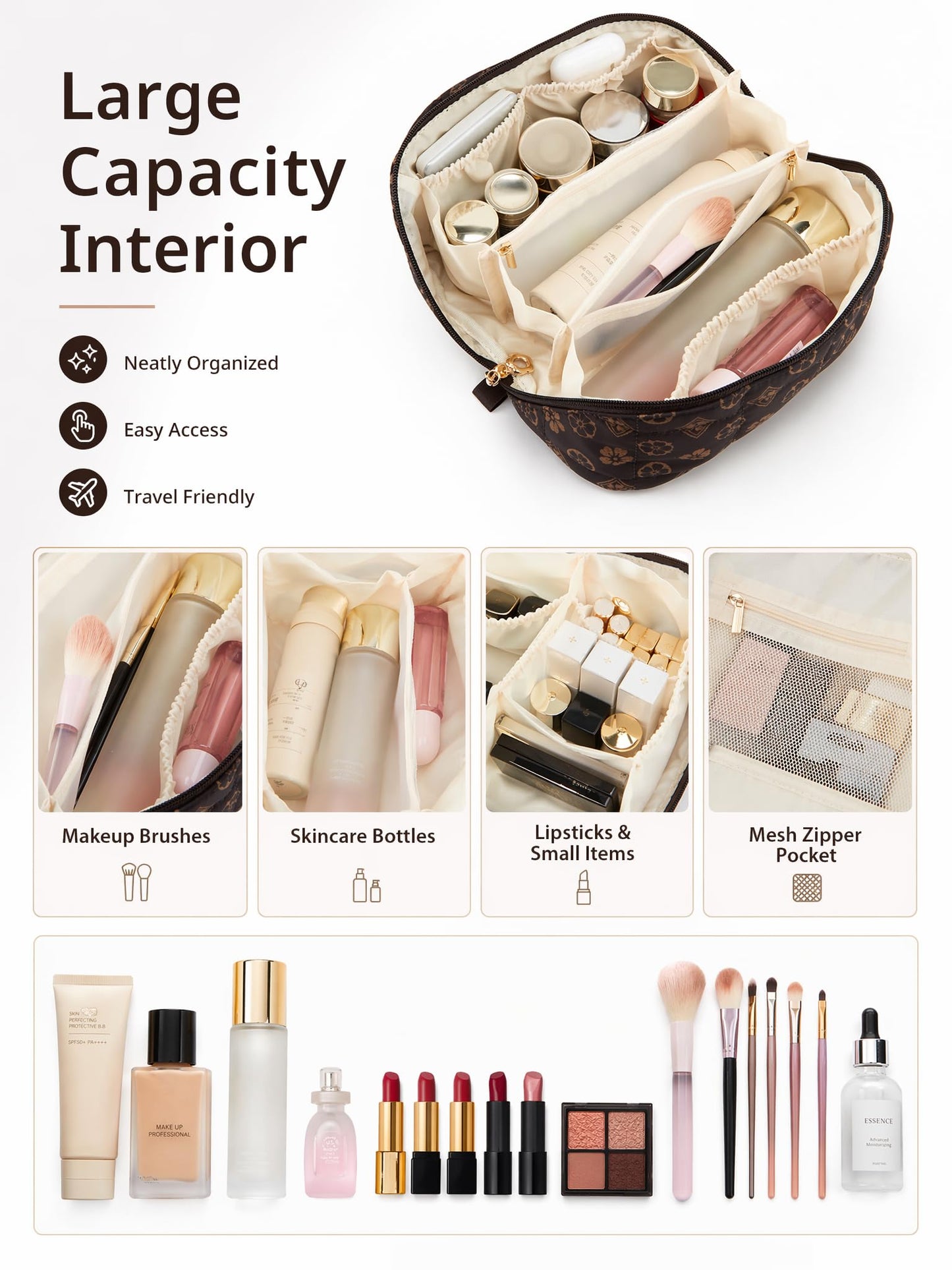 YTL Travel Makeup Bag, Puffer Cosmetic Bag for Women, Waterproof Puffy Padded Make Up Bags, Flat Open Portable Organizer Case Toiletry Bag Pouch Purse for Skincare, Brushes & Travel Essentials