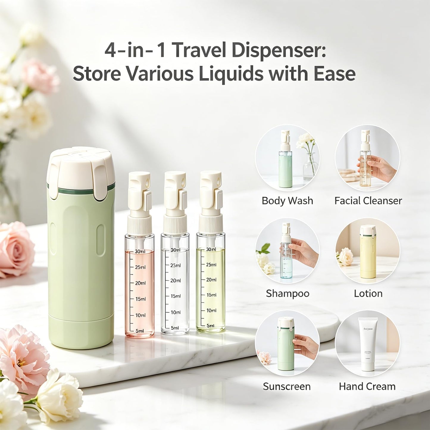 4 in 1 Travel Dispenser, Travel Bottles for Toiletries, No Squeeze Press Dispenser 30ML Leak Proof Travel Containers, Portable Refillable Shampoo Lotion Conditioner Bottles with Labels(2White)