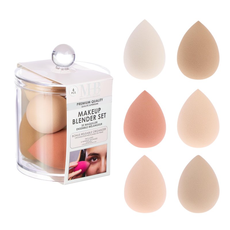 6pc Premium Makeup Blender Set -Professional Nude Beauty Sponge Collection with Bonus Reusable Organizer Jar - Flawless Foundation & Concealer Applicators