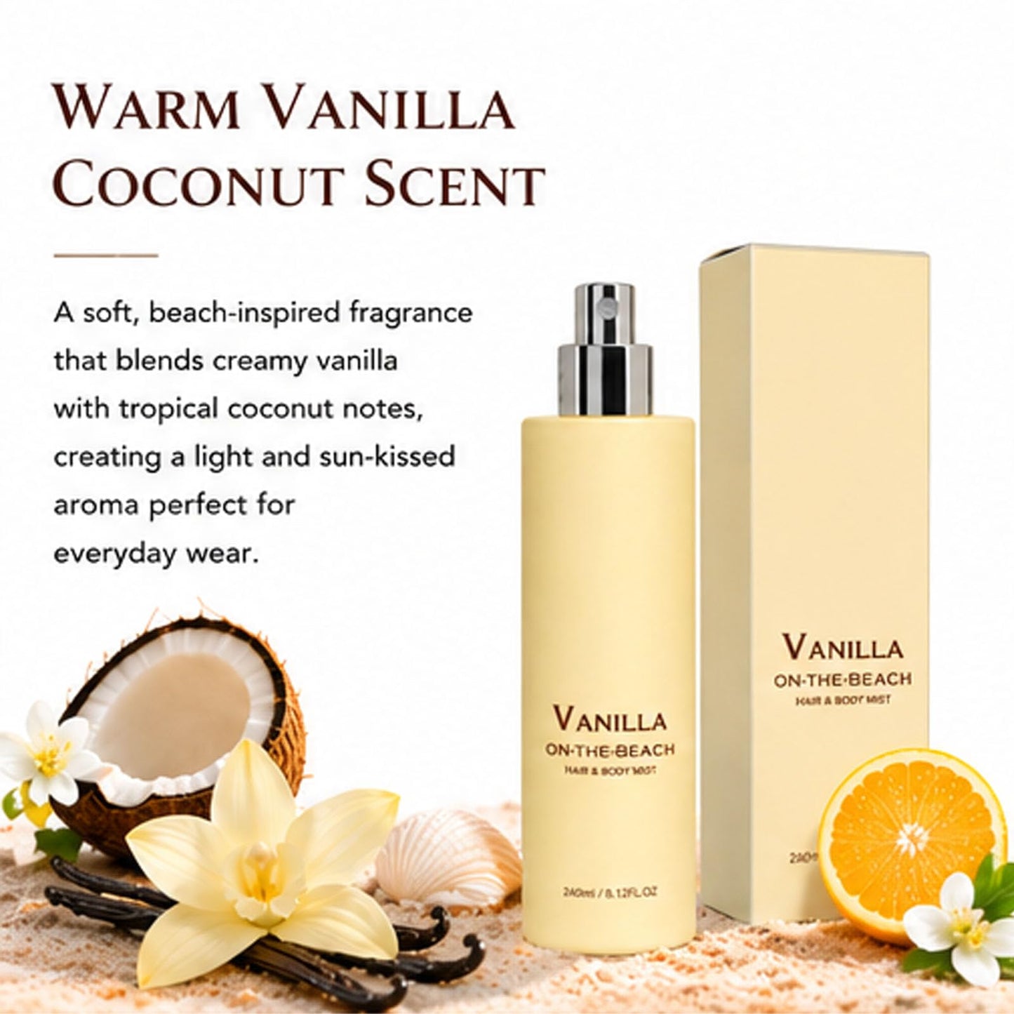 Vanilla on the Beach Hair and Body Mist, Warm Vanilla Coconut Fragrance Spray, Natural Vanillas & Beachscent, Long-Lasting Fresh Fragrance (2Pcs)