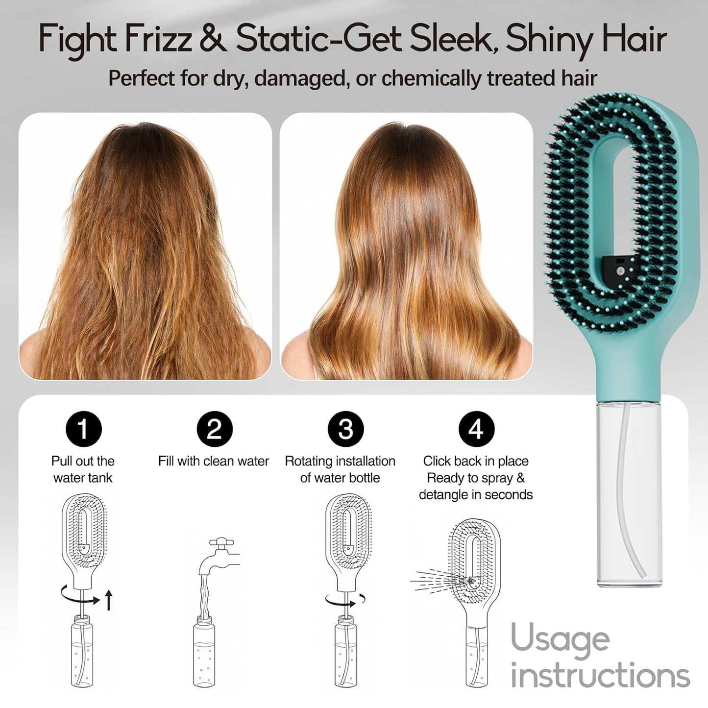 Misting Detangling Hair Brush - 2-in-1 Anti-Frizz & Static Control for Fine, Dry Hair | Aqua Blue