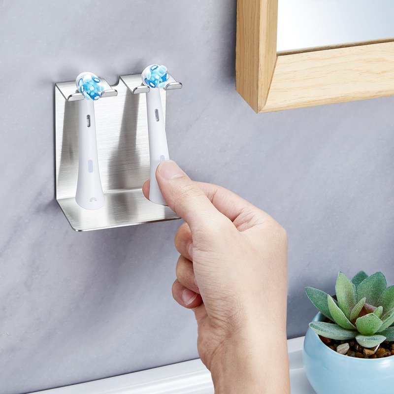 Electric Toothbrush Head Holder, Oukimly Toothbrush Holder Wall Mounted or Desktop, Metal Tooth Brush Holder, Shower Brush Head Holder, Electric Toothbrush Holder for Bathroom (Silver, Small)