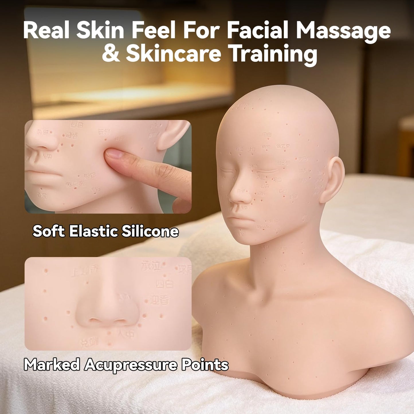 Esthetics Mannequin Head with Shoulders, Cosmetology Mannequin Head with Acupuncture Points, Soft PVC Mannequin Head for Facials Massage, Wigs Hat Display, Makeup Practice