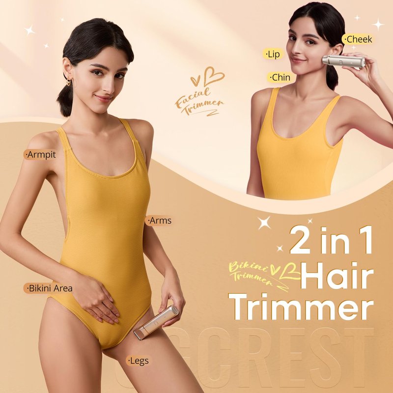 VG VOGCREST Bikini Trimmer for Women: 2-in-1 Rechargeable Painless Body Shaver for Underarm Leg Arm - Portable Travel Friendly Pubic Grooming Kit